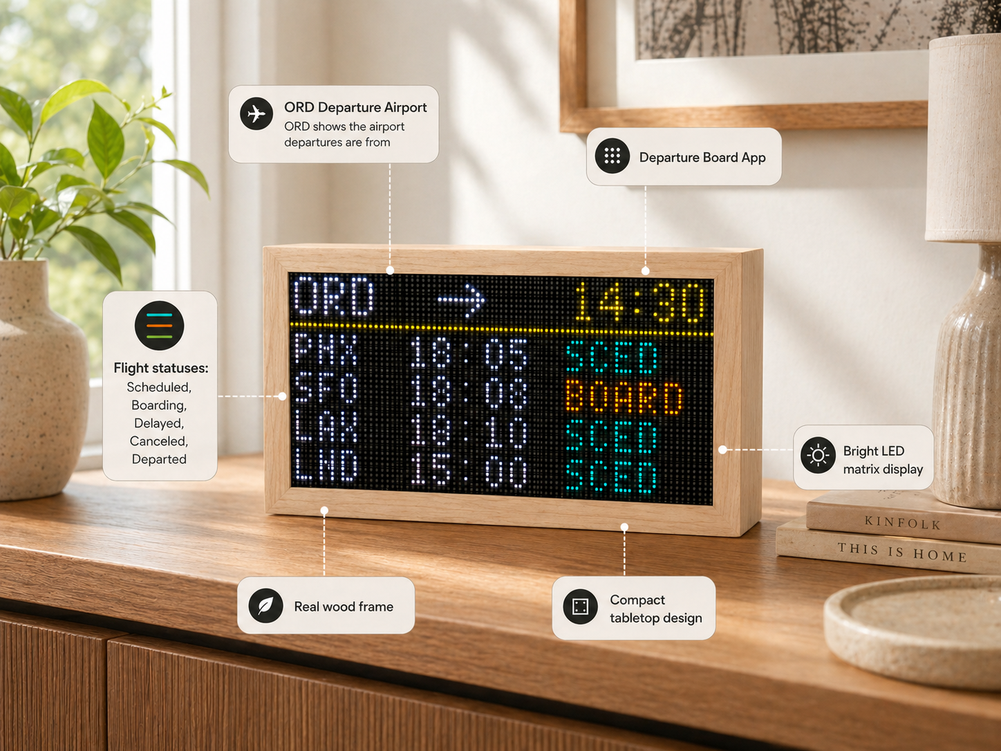 FlightTrackerLED departure board scene showing live airport departures on a maple LED display