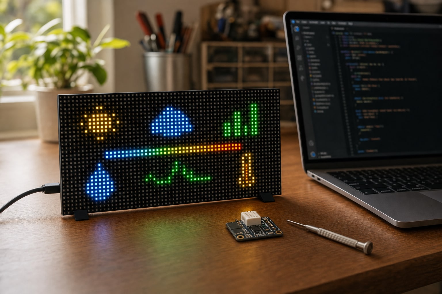 Open-source ESP32-S3 pixel display kit beside a laptop and sensor on a maker workbench