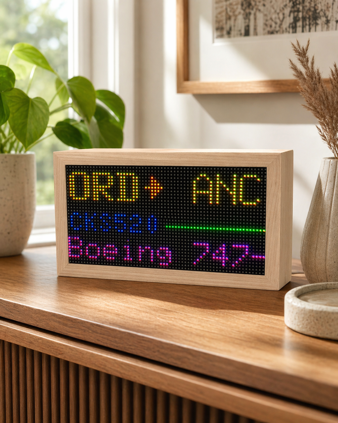 FlightTrackerLED Mach 2 maple LED flight tracker display showing ORD to ANC