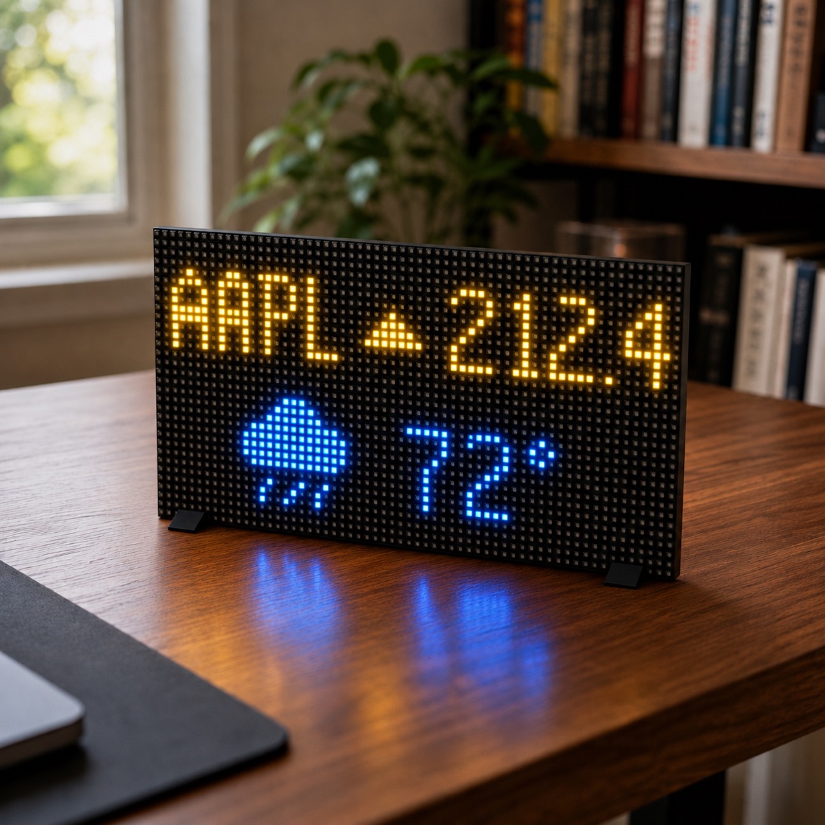 Pixel display kit showing a ticker and weather dashboard