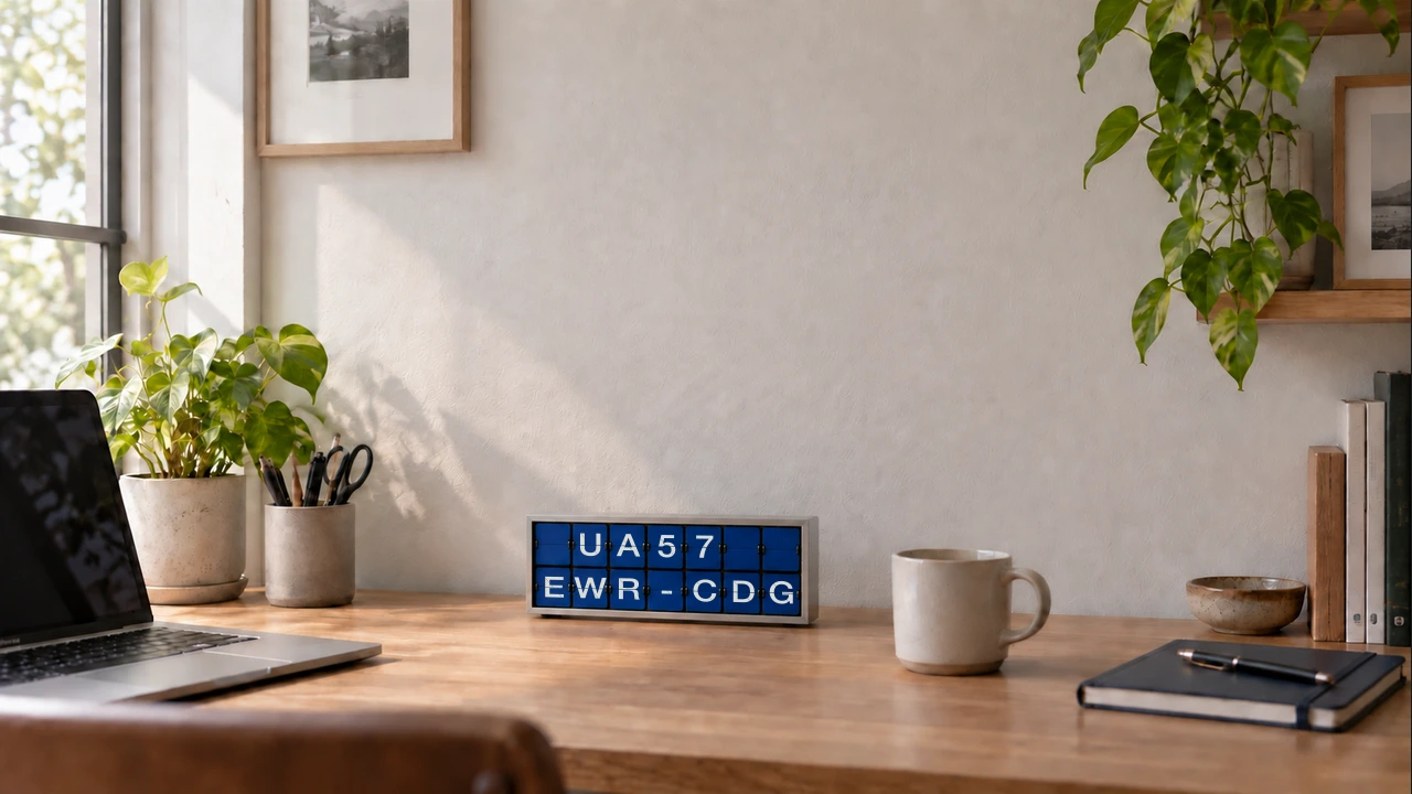 Small blue split-flap flight display in a slim steel case on an office desk, concept rendering